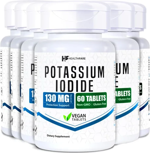 HealthFare Tabletas de yoduro de potasio | 130 mg | 360 tabletas de disolución rápida (paquete de 6) | Pastillas Ki | Larga vida útil | Sin OGM