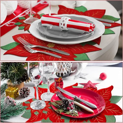 Miniatura 3 de Tudomro 12 piezas de manteles individuales bordados de Navidad con flor de Nochebuena y juego de 6 posavasos bordados rojos, manteles individuales
