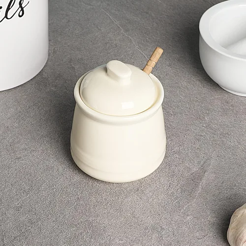 Miniatura 4 de LEETOYI Tarro de miel de porcelana con tapa y cuchara de miel, olla de miel de cerámica, 12 onzas (beige)