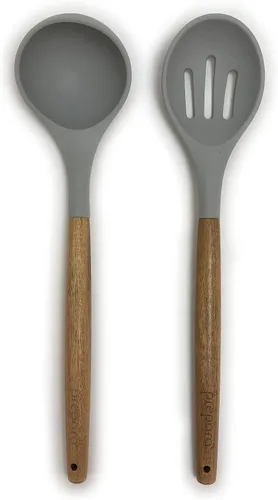 Miniatura 5 de Prepara Juego de 2 cucharones de sopa y cuchara ranurada de acacia y silicona, color verde espuma de mar