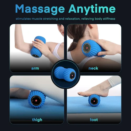 Miniatura 6 de Pelota de masaje de maní vibratoria 2 en 1 con 6 modos de masaje, bola de rodillo de masaje vibratoria recargable para recuperación muscular, azul