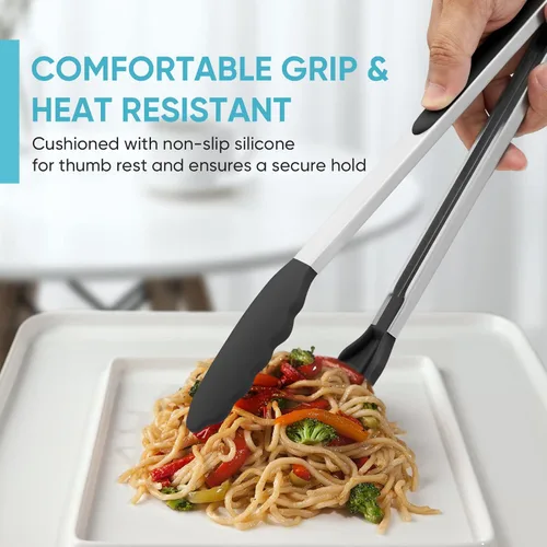 Miniatura 3 de Pinzas de cocina resistentes al calor de 600 ℉ para cocinar con puntas de silicona, pinzas de cocina de acero inoxidable de 12 pulgadas con bloqueo