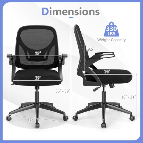 Miniatura 3 de Giantex Silla de oficina de malla, silla de escritorio ergonómica con brazos abatibles y soporte lumbar, escritorio giratorio de altura ajustable