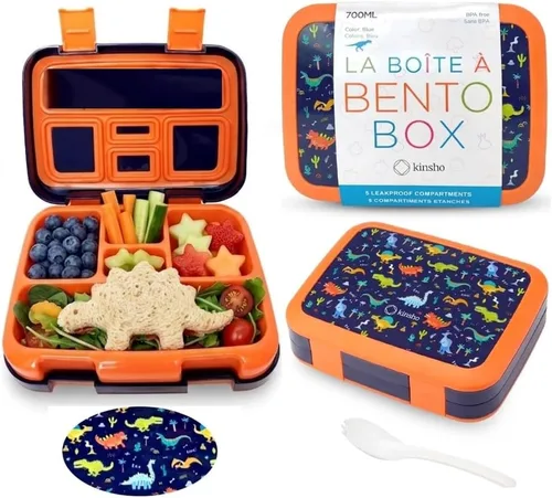 Miniatura 9 de Lonchera Bento con bolsa aislada, juego de botella de agua para niños pequeños, 5 secciones de porciones, bandeja extraíble sin BPA, almuerzos