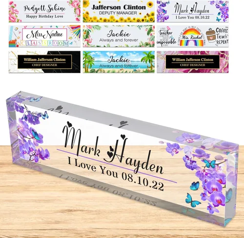 Miniatura 23 de Placa de nombre personalizada para escritorio, placas de nombre personalizadas para hombres y mujeres, diseño de girasol con logotipo de negocios