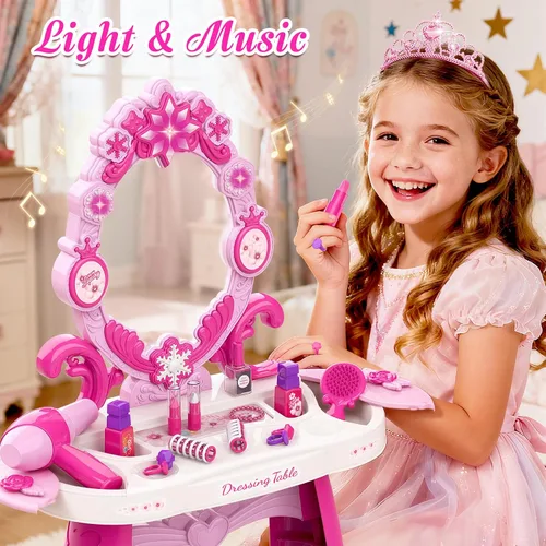 Miniatura 2 de Juego de mesa y silla para niños pequeños, mesa de maquillaje para niñas con luces de espejo y música, juguetes de vestir con secador de pelo