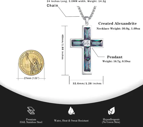 Miniatura 3 de Collar de cruz con piedra de nacimiento para hombre, collar de cruz de acero inoxidable 316L con colgante de cruz de circonia cúbica para mujer