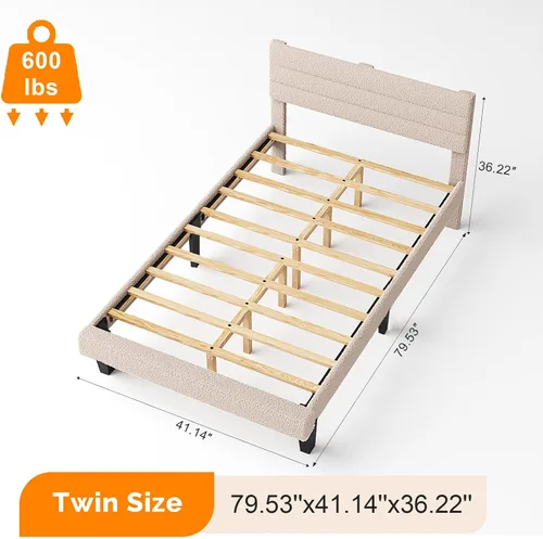 Miniatura 2 de VINGLI Base de cama individual para niños, cama de plataforma tapizada Boucle con cabecera ajustable, soporte de listones de madera resistente, cama