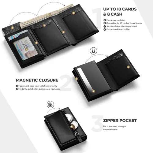Miniatura 2 de VULKIT Tarjetero con bolsillo para monedas, cierre magnético, tarjetas emergentes con ventana de identificación, cartera de cuero para efectivo