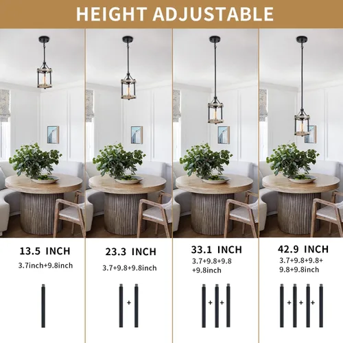 Miniatura 6 de Lámpara Colgante de Granja, Accesorios de Luz Colgante de Madera Blanca Rústica y Jaula de Metal con Vidrio, 43 Pulgadas Ajustable para Techo Plano