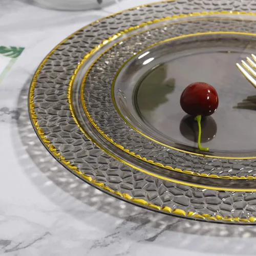 Miniatura 3 de Nervure - Platos de plástico, negro transparente con diseño de borde dorado desechables, platos de plástico para fiestas de boda, incluye 51 platos