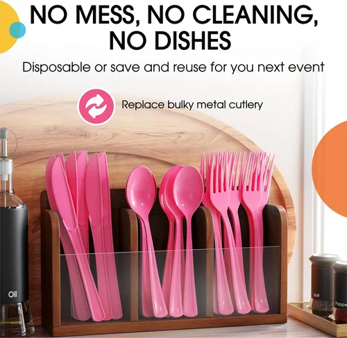 Miniatura 5 de Exquisite Cucharas de plástico rosa intenso, 50 unidades, cucharas de color rosa intenso, utensilios desechables, juego de cubiertos de plástico