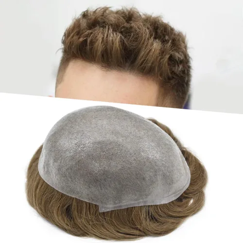 Miniatura 11 de Tupé de piel ultra fina para hombres pieza de cabello humano real sistema de reemplazo 0.002 in Mens Toupee Hairpiece para hombres V-Loop 8x10 80%