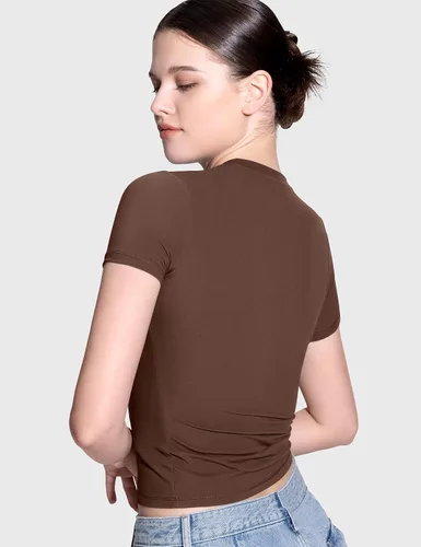 Miniatura 4 de PUMIEY Camiseta básica de manga corta con cuello redondo para mujer, con doble forro, ajustada, colección Smoke Cloud Pro