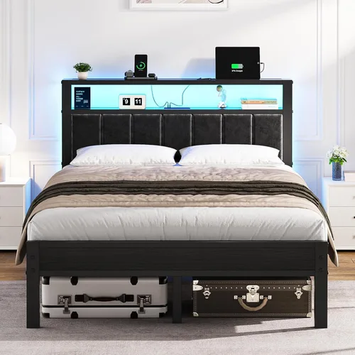 Miniatura 10 de OLEVS Base de cama King con estación de carga y luces LED, cama de plataforma moderna con cabecera de almacenamiento tapizada, no necesita somier