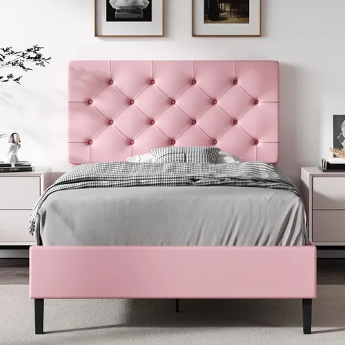 Miniatura 20 de REVOMINCA Marco de cama matrimonial con cabecero, plataforma tapizada de piel sintética, marco de cama negro tamaño matrimonial, soporte de listones