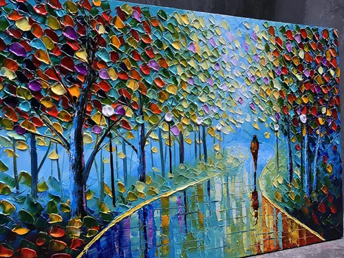 Miniatura 3 de YaSheng Art - Pintura al óleo de paisaje sobre lienzo con textura de árbol abstracto contemporáneo, pinturas de pared hechas a mano, decoración