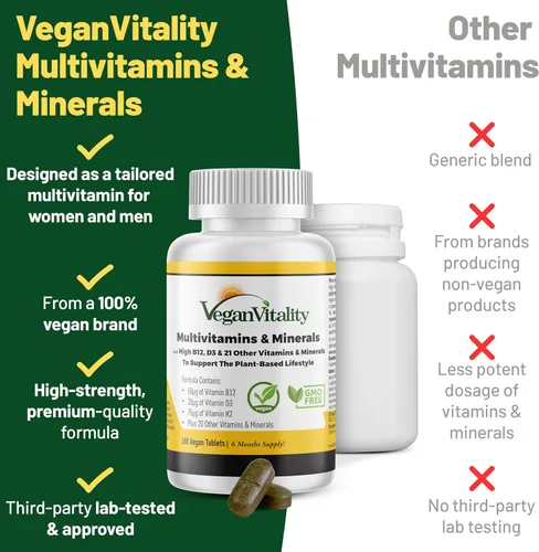 Miniatura 3 de Multivitamínicos y minerales veganos con vitamina B12, D3 y K2. 180 tabletas multivitamínicas - suministro de 6 meses. Vitaminas para veganos