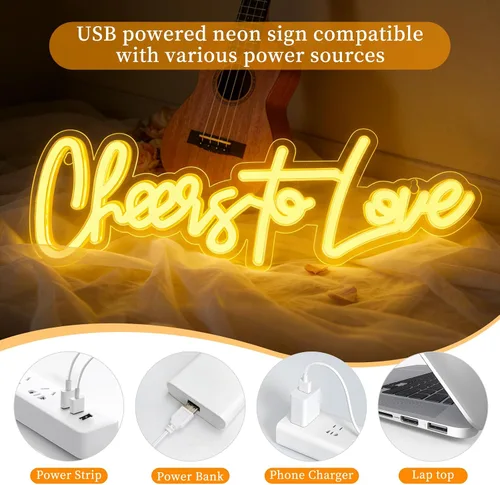 Miniatura 5 de Letrero de neón grande con texto en inglés "Cheers to Love", letrero de neón con interruptor de atenuación, letrero LED reutilizable para telón