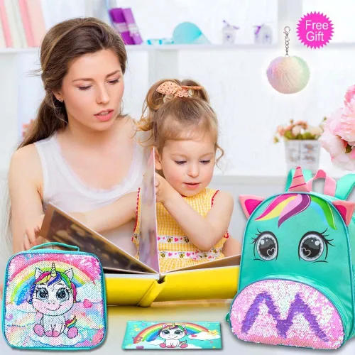 Miniatura 2 de 3 mochilas para niñas pequeñas, 12 pulgadas, con lentejuelas de unicornio y lonchera
