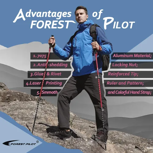 Miniatura 2 de FOREST PILOT Bastones de trekking – Aluminio ligero 7075 con cerradura abatible y accesorios todo terreno – Par de 2 bastones para senderismo