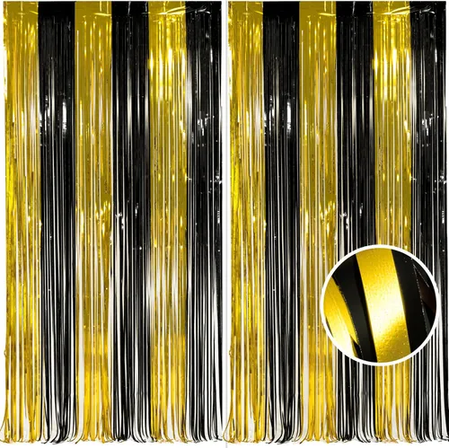 Paquete de 2 decoraciones de fiesta de serpentinas negras y doradas, 3.3 x 8.2 pies, telón de fondo de oropel para 70 cumpleaños, Año Nuevo, 2026,