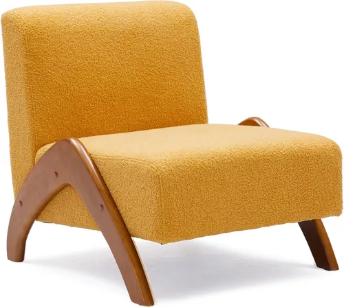Miniatura 7 de Silla decorativa de gran tamaño, tapizada sin brazos de mediados de siglo, moderna silla de sala de estar con patas de madera para dormitorio, Crema