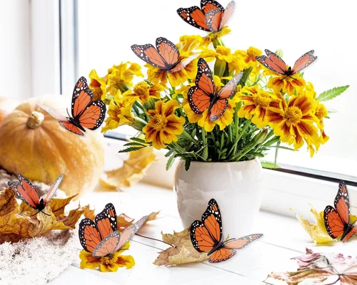 Miniatura 6 de Penta Angel Decoraciones de mariposa monarca, 12 calcomanías de pared de mariposa artificial 3D de 4.7 pulgadas para manualidades, otoño, Halloween