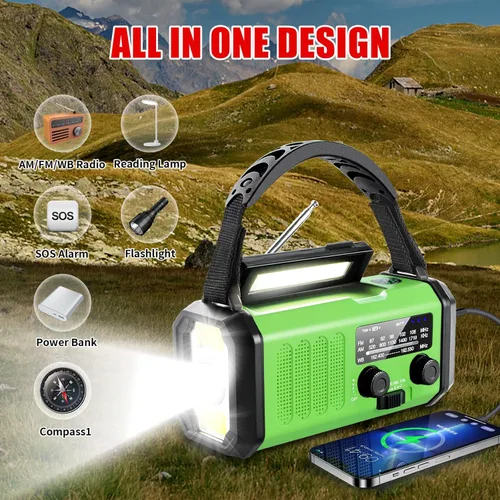 Miniatura 9 de Radio de emergencia con manivela de 10000 mAh, radio meteorológica NOAA con radio AM/FM y solar, batería recargable, linterna y luz de lectura