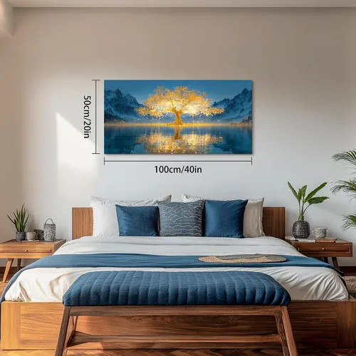 Miniatura 4 de SLYCAY Lienzo grande con árbol de la vida dorado para pared, pintura de paisaje, naturaleza, nieve, montaña, lago, paisaje, decoración de pared