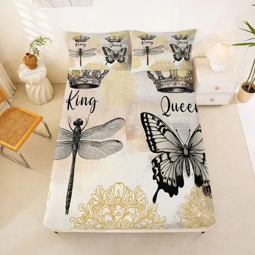 Miniatura 10 de Sábana bajera ajustable King Crown vintage negro y gris, sábanas románticas para el día de San Valentín, tamaño individual para mujeres, regalos