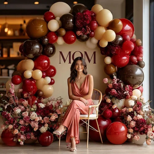 Miniatura 8 de Guirnalda de globos rojos, doble relleno, color rojo oscuro, marrón, borgoña, bronceado, nude, blanco, arena, kit de arco de globos para granja