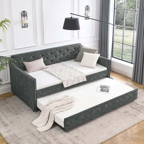 Miniatura 9 de Antetek Sofá cama con cama nido, tapizado en tela, tamaño twin, sofá cama diurno con punto de tracción, marco de sofá cama con cama nido twin