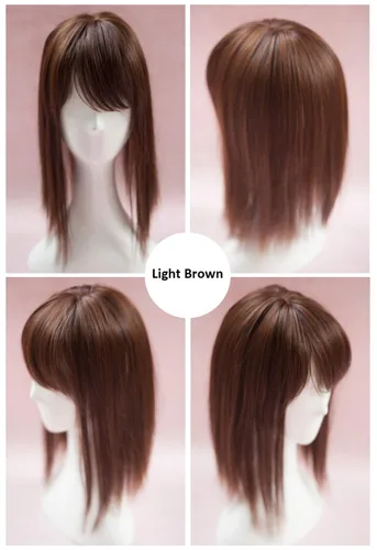 Miniatura 2 de Extensiones de pelo de 14 pulgadas con flequillo lateral para mujer, parte superior sintética para pérdida de cabello, cabello con clip, marrón