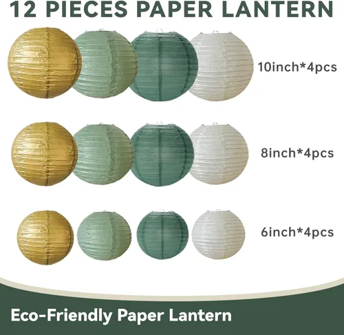 Miniatura 9 de 12 linternas de papel color verde salvia dorado verde oliva chino colgantes redondas linternas de papel para cumpleaños, boda, despedida de soltera