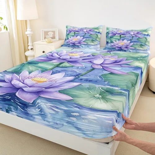 Manfei Sábana bajera ajustable de flor de loto morado, tamaño individual, juego de ropa de cama bohemio de libélula de 2 piezas para niños, niñas y
