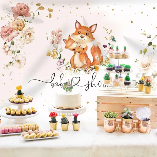 Miniatura 2 de Telón de fondo para baby shower de zorro para niñas, flores de fotografía con texto en inglés "It's a Girl", fondos de fotografía de animales