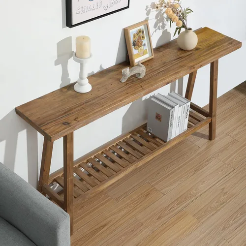 Miniatura 4 de HOKYHOKY Mesa Consola de Madera Maciza Recuperada, 59" de Largo Mesas de Entrada Estilo Granja, Mesa Rectangular de Sofá Detrás del Sofá, Mesas