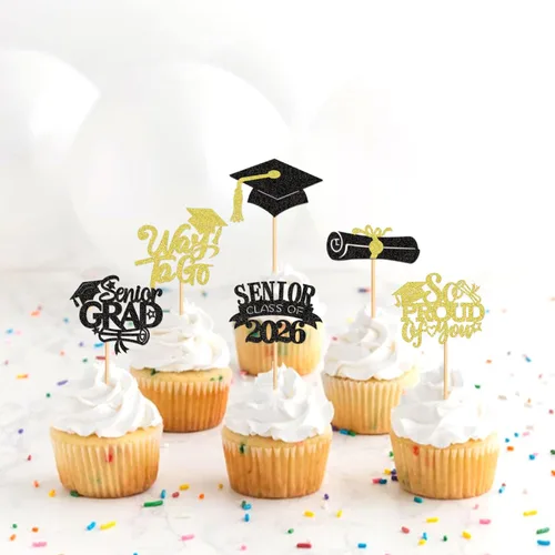 Miniatura 3 de Ercadio 36 piezas 2026 adornos para cupcakes con purpurina negra y dorada para graduación senior So Proud Of You Senior Class of 2026 Way to Go
