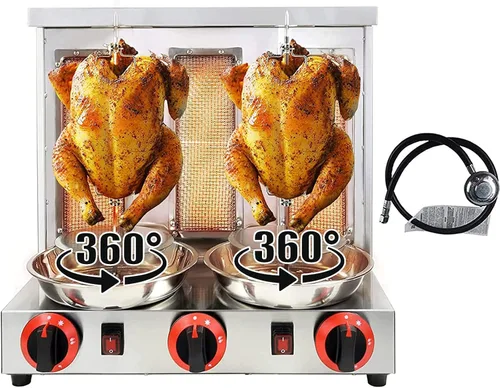 Miniatura 9 de Máquina Shawarma XGN Parrilla de Kebab Vertical Asador Giratorio con 3 Quemadores y 2 Espetos Giratorios Automáticos para Rosticería de Carne, Asado