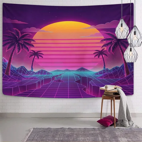 Miniatura 4 de TOMPOP Tapiz retro futurista de neón paisaje de los años 80 digital Cyber 80S Party Sci Decoración del hogar para colgar en la pared para sala