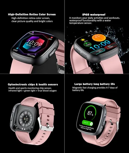 Miniatura 7 de Reloj inteligente resistente al agua, pantalla táctil HD de 1.72 pulgadas, rastreador avanzado de salud con más de 100 modos de ejercicio, Rosa