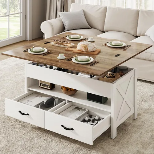 Marsail Mesa de Centro Elevable de 40", Mesa de Centro 4 en 1 con Compartimento Oculto, 1 Estante Abierto y 2 Cajones, Mesa Central Multifuncional