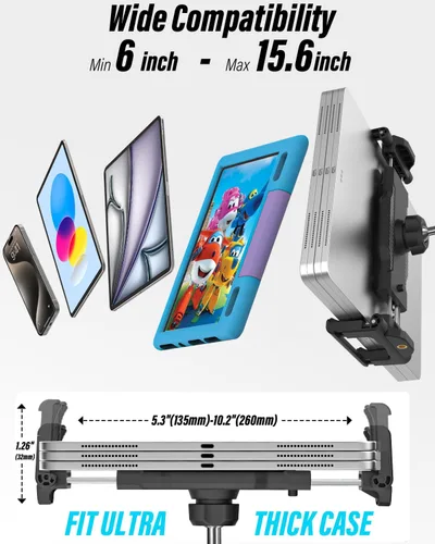 Miniatura 7 de Soporte de aluminio para tablet de automóvil, [altura ajustable de 16 pulgadas] [compatible con funda gruesa] Soporte resistente para tablet