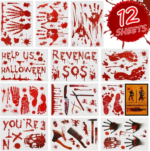 Miniatura 2 de 126 calcomanías de decoración de Halloween, 12 hojas de Halloween para ventana, pared, piso, huellas de manos sangrientas, calcomanías de huellas