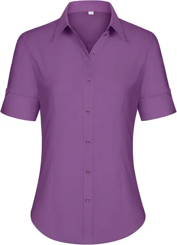 Miniatura 25 de siliteelon Camisas de vestir de manga corta con botones para mujer, camisas de algodón con botones para mujer, blusa ajustada de manga 3/4