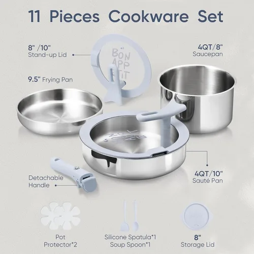 Miniatura 2 de CAROTE - Juego de utensilios de cocina de acero inoxidable de tres capas con tapa de pie, juego de 11 ollas y sartenes antiadherentes