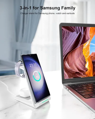 Miniatura 2 de Cargador inalámbrico para estación de carga Samsung, ADADPU soporte cargador 3 en 1 para múltiples dispositivos acoplamiento rápido para Galaxy S25