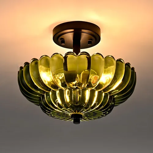 Miniatura 3 de Lámpara de techo semiempotrada, 3 luces de techo vintage modernas de cristal verde, luz cercana al techo festoneada, lámpara de techo empotrada