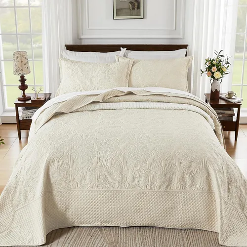Miniatura 8 de ENJOHOS Juego de edredón extragrande tamaño King, color beige, 128 x 120 pulgadas, tamaño California King, colcha extragrande con diseño de damasco